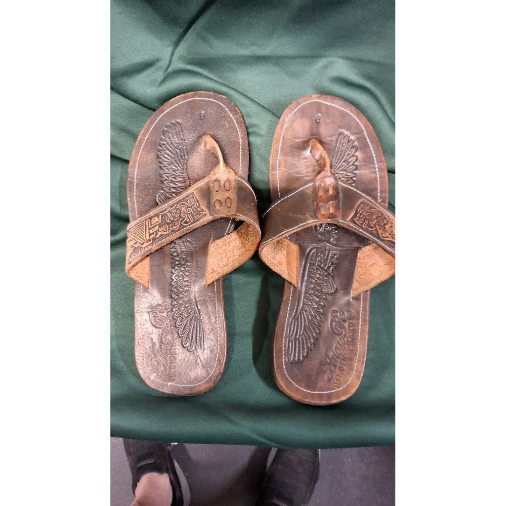 Huarache Men Brown Leather Wing Embossed Flip Flop Sandals Mexico Size 8     /b7